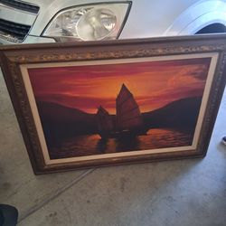 Vintage Chinese Junk Boats Oil Painting 44×32