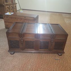 Vintage Wood Storage Chest On Wheels With Sliding Top - Unique Design