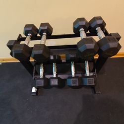 Used 10lb Thru 25lb Rubber Hex Dumbbells And Rack