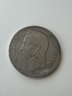 Silver 1888 5 Bolivar Coin