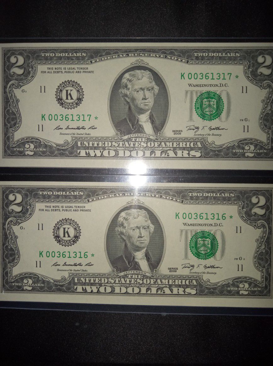 $2 dollar bills 2009 serie K[Dallas] consecutives numbers  with star Uncirculated 