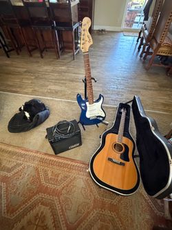 Squier Electric Guitar, Acoustic Guitar, Crate Amp Bundle