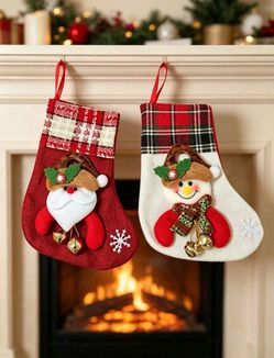 2Pcs Burlap Christmas Stockings, Red Plaid Xmas Hanging Stocking With Bells, Vintage Farmhouse Decor, Fireplace Mantel Ornament, Tree Hanging Decorati