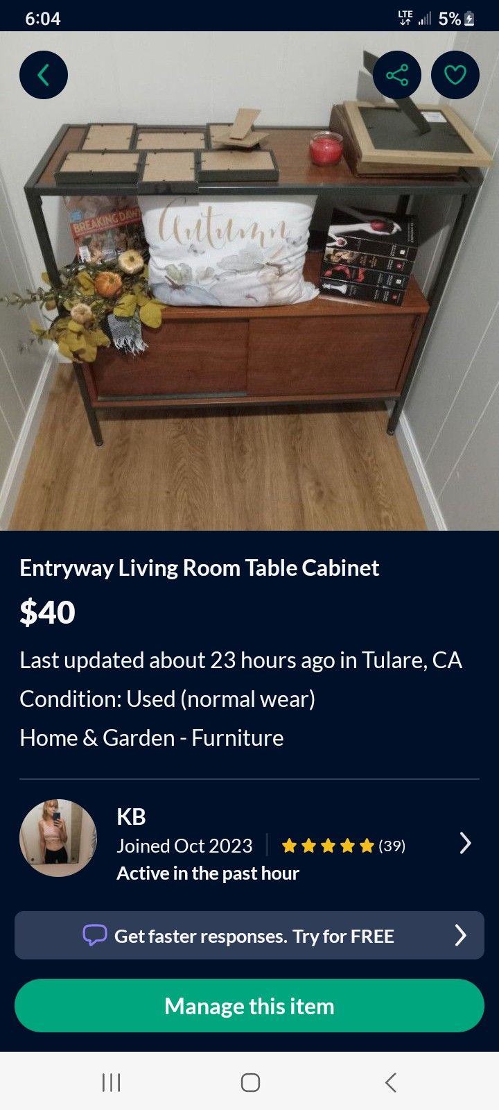 Entryway Living Room Console Table With Cabinet $25 If You Can Pick Up Today