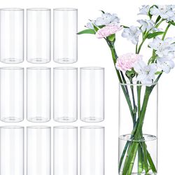 12Pcs Glass Cylinder Vases 8 Inch Tall Clear Flower Vases for Centerpieces Wedding Decoration, Hurricane Floating Candle Holder for Party Table Home D