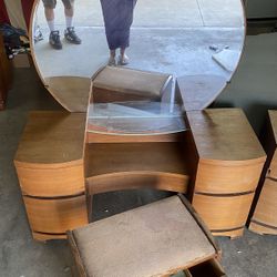 Mid Century Vintage Vanity Table Set with Stool and Night Stand
