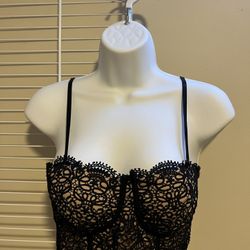 Medium/ Large Black Thread Lace Flower Design Nude Lining Corset Crop Top