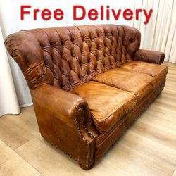Vintage Drexel Heritage Churchill Style Tufted Leather Sofa Couch