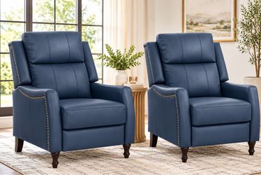 Set Of 2 Hania Navy Genuine Leather Recliner Chair Arm Chair with Rivets and Retractable Footrest
