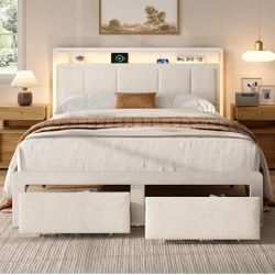 Full Storage Bed Frame, Upholstered Platform Bed with 2 Drawers, Velvet Vertical Tufted Headboard with LED Lights and Charging Station, Wooden Slats S