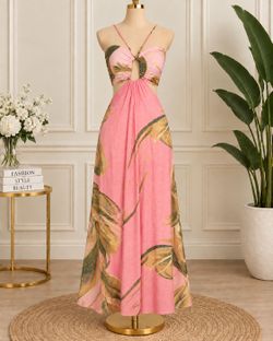 Pink Tropical Print Cutout Maxi Dress One size  Small to large