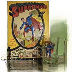 Superman vintage collectable  clear glass mug with tin sign
