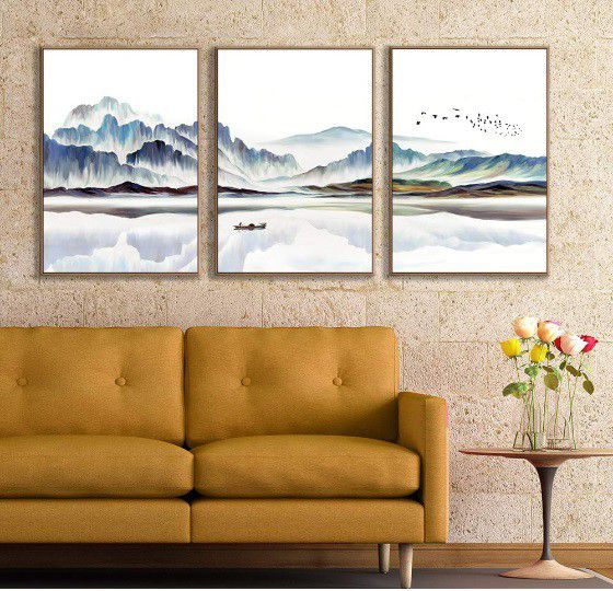Abstract Mountains Framed Canvas Wall Art Living Room, Bedroom Canvas Prints Home Decoration Ready to Hanging 3 Panels 24" x 36"
