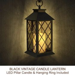 Black Vintage Candle Lantern with LED Pillar Candle and Timer - IP44 Waterproof Candle Lantern Battery Operated Hanging Lantern Porch Light - Tabletop