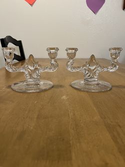 Vintage Martinsville Glass double-arm candle holders featuring the "Teardrop" pattern