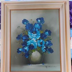 Blue Flowers Painting W/Frame
