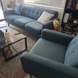 Mid Century Teal Fabric Style Sofa Couch and Chair