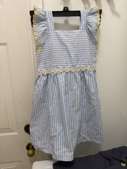 Girl, Member’s Mark Girls Woven Dress Size 6 – Blue Stripe Daisy Flutter Sleeve
