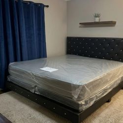 New KING SIZE BED FRAME WITH MATTRESS AND BOX SPRING SET BLACK BED FRAME WITH DIAMOND 
