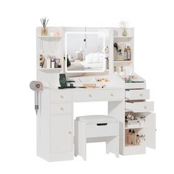 Vanity Desk with Mirror and Lights, 5 Drawers Makeup Vanity Table with Storage Chair, 44.9in Big Vanity Dresser 3 LED Lighting Modes,Power 
