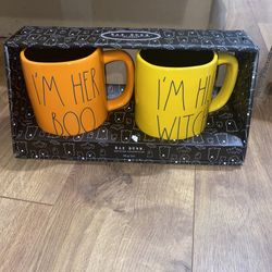 Halloween I'M HER BOO & I'M HIS WITCH Orange & Yellow Mug Set of 2 Rae Dunn