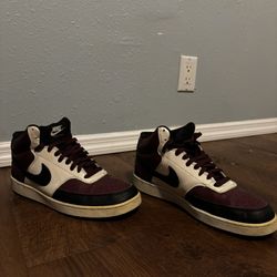 Men’s US 10.5 Nike Court Vision Mid sneakers burgundy / black / white combo.