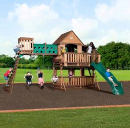 Backyard Discovery Woodridge Elite Cedar Wood Swing Set with Wave Slide, Clubhouse, Crawl Tunnel, Crow's Nest, Belt Swings, Trapeze, Rock Wall Ladder,