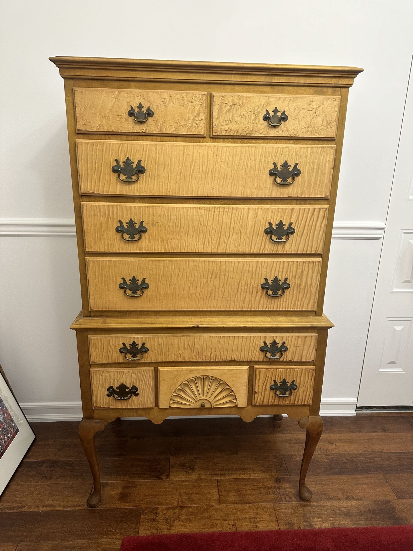 Antique Flat Top Curly Maple Or Tiger Maple Queen Anne Highboy Chest Dresser