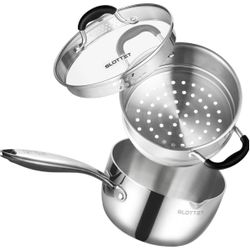 3.5 Quart Stainless Steel Saucepan with Steamer, Tri-Ply Full Body Small Multipurpose Pot with Pour Spout,Strainer Glass Lid, 3 Qt Sauce Pan for Cooki