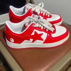 BAPE red and white trainers 