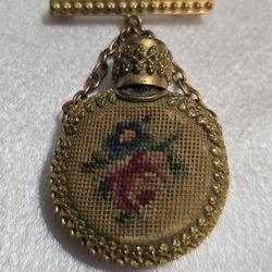 Vintage Petit Point Brass Perfume Bottle Brooch Floral Needlepoint Round 1940s 