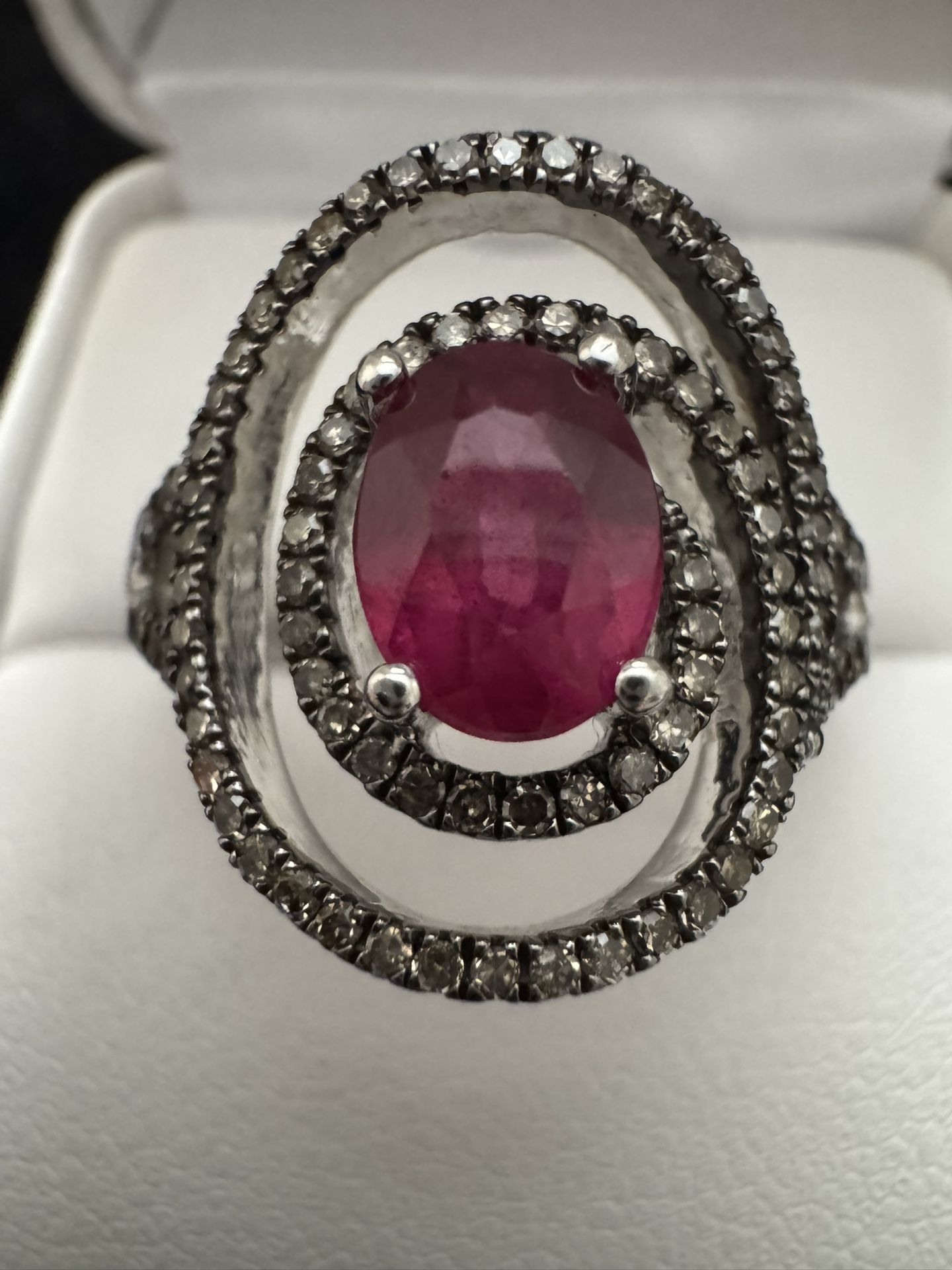 925 Sterling Silver ~8x6mm Ruby & ~1/2CTW Diamond Swirl Ring Size 11