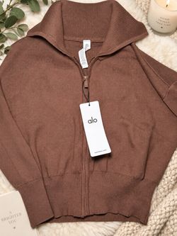 Alo Yoga Brown Scholar Knit Full Zip Sweater Jacket