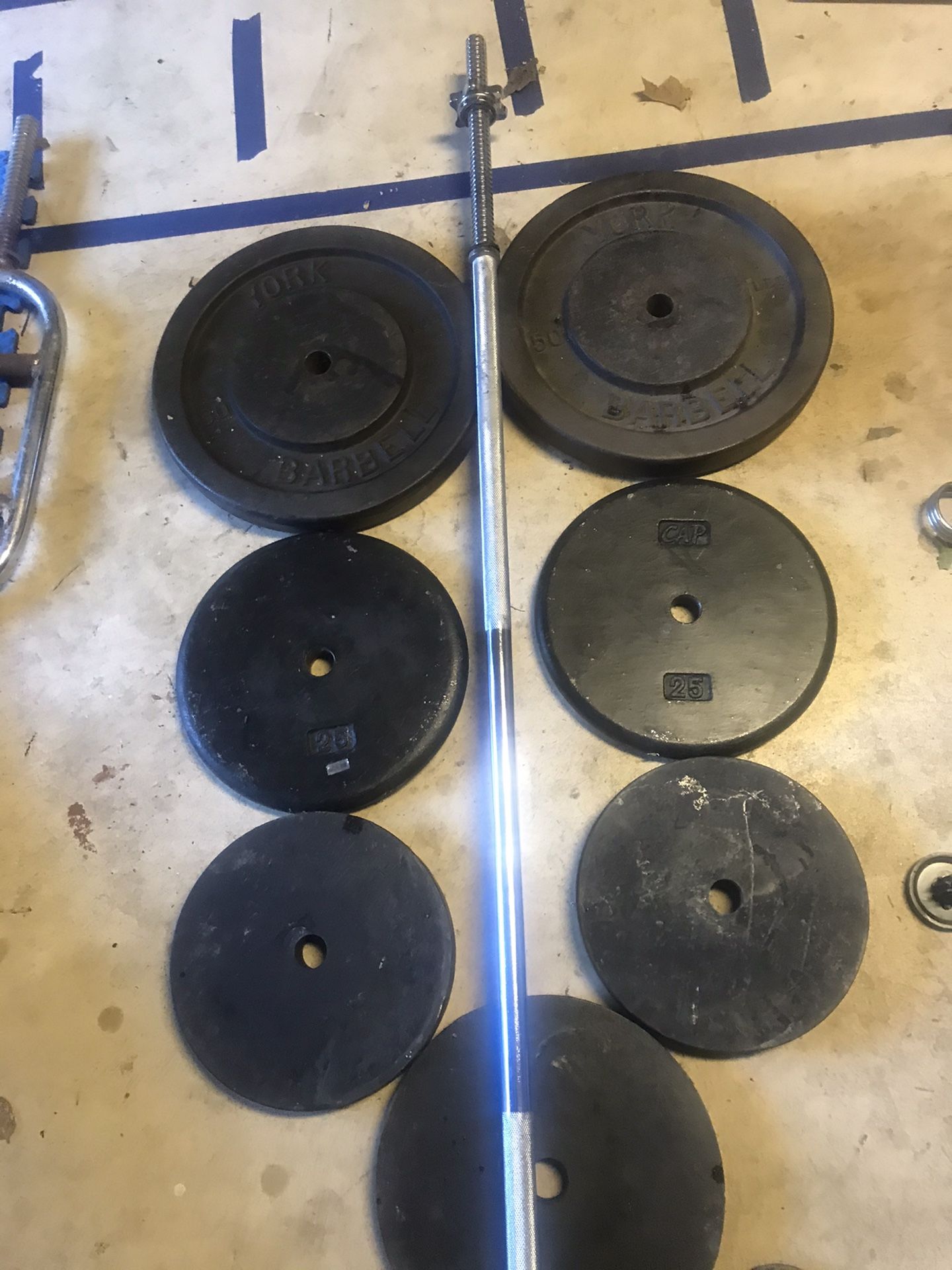 225 Lbs 1 inch standard weights plates and heavy duty barbell