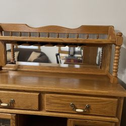 Bar Server In Solid Oak With Leaded Beveled Glass 