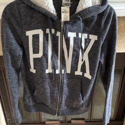NWT Victorias Secret Pink Full Zip Hoodie Size XS Sherpa Hoodie Blue Marled