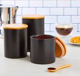 Set Of 3 Matte Black Ceramic Kitchen Canisters With Wooden Bamboo Lids (3 Sizes)
