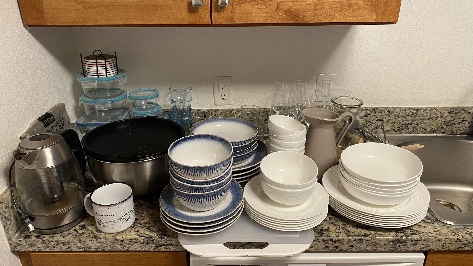 Large Lot Of Kitchen Bone China Dinnerware, Glasses, Utensils, Bowls, Kettle Tea Maker With Sensor And Many More