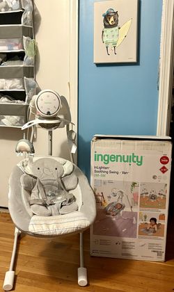 Ingenuity InLighten 5-Speed Baby Swing - Swivel Infant Seat, 5 Point Safety Harness, Nature Sounds, Lights - Van Elephant