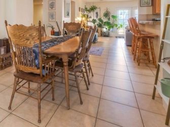 Vintage Solid Oak Dining Table, Chairs, and Barstools collection