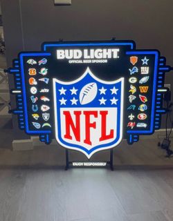 This is a Bud Light official NFL lighted sign featuring all 32 team logos and blue neon accents.
