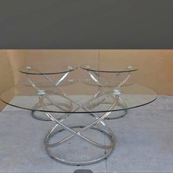 3 Pcs contemporary chrome oval coffee table and 2 round living room tables 