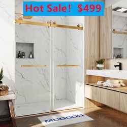 72 in. W x 76 in. H Double Sliding Frameless Shower Door in Brushed Gold with Smooth Sliding and 3/8 in. Glass