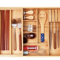 Coiwai Double Layer Bamboo Kitchen Drawer Organizer Cutlery Utensil Silverware Drawer Organizer, Silverware Tray for Drawer Removable Utensil Holder F