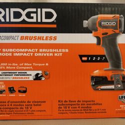 RIDGID
18V SubCompact Brushless Cordless Impact Driver Kit with 2.0 Ah Battery, Charger, and Tool Bag