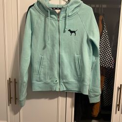 Victoria's Secret PINK Hoodie Sweatshirt Full Zip Logo Sz M Fleece Aqua Blue
