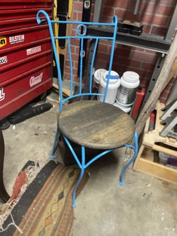 Steel Vintage Metal Painted Blue Wooden Seat Chair Stool Furniture Study Tiffany Construction Old Retro Refinish 