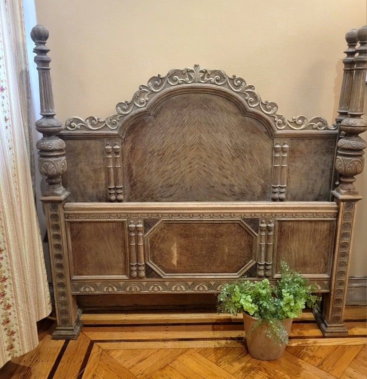 Antique Carved Oak Gothic Revival Four Poster Bed