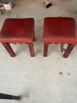 Pair of Red Leather Upholstered Wood Stools