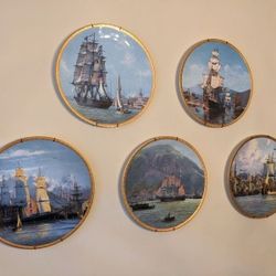 5) Collectable Nautical Plates Ocean Decor Collection 24k Gold Rim Set Hamilton PASSAGE to CHINA American Ships by Raymond Massey 11" Plates